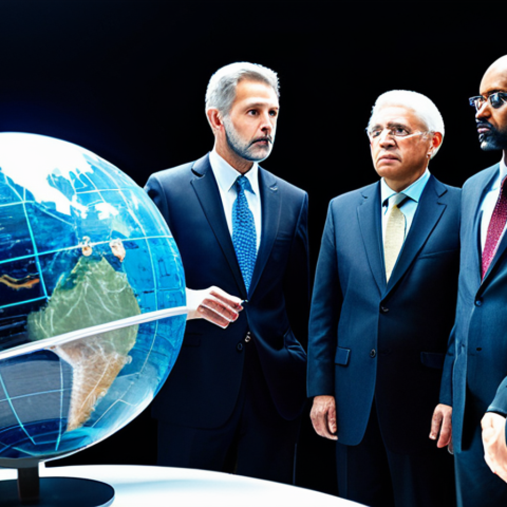 A diverse group of adult individuals, representing various cultures and backgrounds, dressed in modest and professional attire, standing thoughtfully around an illuminated abstract holographic globe. The globe subtly displays intricate geopolitical lines and connections, symbolizing the strategic use of global influence. The scene conveys a sense of deep thought and the complex interplay of human beliefs and international strategy. Professional studio lighting, sharp focus, high-quality photography, perfect anatomy, correct proportions, natural pose, well-formed hands, proper finger count, natural body proportions. fully clothed, appropriate attire, safe for work, professional, family-friendly, appropriate content.