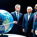 A diverse group of adult individuals, representing various cultures and backgrounds, dressed in modest and professional attire, standing thoughtfully around an illuminated abstract holographic globe. The globe subtly displays intricate geopolitical lines and connections, symbolizing the strategic use of global influence. The scene conveys a sense of deep thought and the complex interplay of human beliefs and international strategy. Professional studio lighting, sharp focus, high-quality photography, perfect anatomy, correct proportions, natural pose, well-formed hands, proper finger count, natural body proportions. fully clothed, appropriate attire, safe for work, professional, family-friendly, appropriate content.