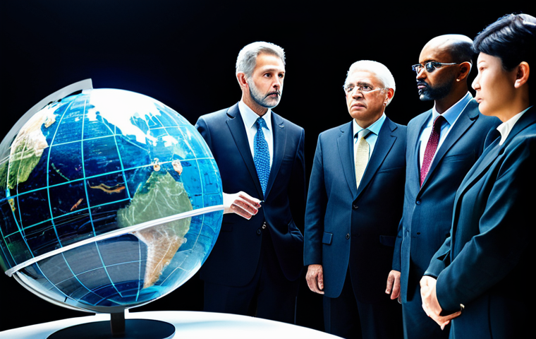 A diverse group of adult individuals, representing various cultures and backgrounds, dressed in modest and professional attire, standing thoughtfully around an illuminated abstract holographic globe. The globe subtly displays intricate geopolitical lines and connections, symbolizing the strategic use of global influence. The scene conveys a sense of deep thought and the complex interplay of human beliefs and international strategy. Professional studio lighting, sharp focus, high-quality photography, perfect anatomy, correct proportions, natural pose, well-formed hands, proper finger count, natural body proportions. fully clothed, appropriate attire, safe for work, professional, family-friendly, appropriate content.