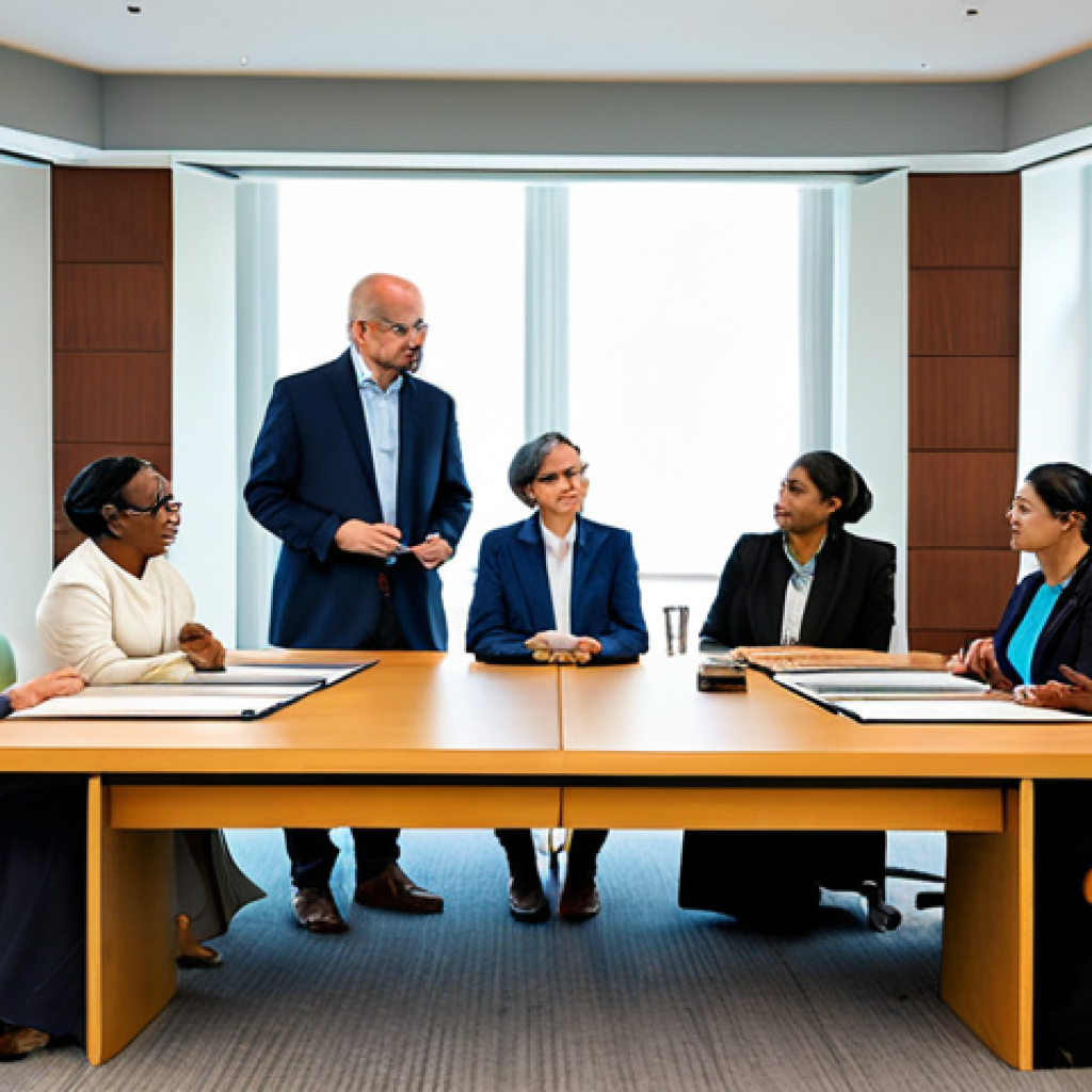 A diverse group of professionals, including individuals dressed in modest, culturally appropriate attire, are engaged in a constructive dialogue about the intersection of historical religious influences and modern human rights. They are gathered around a conference table in a bright, modern meeting room, with subtle architectural elements that hint at both tradition and progress. The participants exhibit respectful and contemplative expressions, fostering an atmosphere of mutual understanding. This image portrays perfect anatomy, correct proportions, and natural poses, with well-formed hands and proper finger counts, ensuring natural body proportions. Fully clothed, appropriate attire, safe for work, professional, high-quality photograph, realistic.