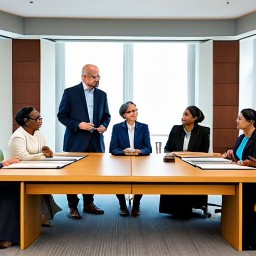Home 14 A diverse group of professionals, including individuals dressed in modest, culturally appropriate attire, are engaged in a constructive dialogue about the intersection of historical religious influences and modern human rights. They are gathered around a conference table in a bright, modern meeting room, with subtle architectural elements that hint at both tradition and progress. The participants exhibit respectful and contemplative expressions, fostering an atmosphere of mutual understanding. This image portrays perfect anatomy, correct proportions, and natural poses, with well-formed hands and proper finger counts, ensuring natural body proportions. Fully clothed, appropriate attire, safe for work, professional, high-quality photograph, realistic.