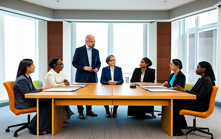 A diverse group of professionals, including individuals dressed in modest, culturally appropriate attire, are engaged in a constructive dialogue about the intersection of historical religious influences and modern human rights. They are gathered around a conference table in a bright, modern meeting room, with subtle architectural elements that hint at both tradition and progress. The participants exhibit respectful and contemplative expressions, fostering an atmosphere of mutual understanding. This image portrays perfect anatomy, correct proportions, and natural poses, with well-formed hands and proper finger counts, ensuring natural body proportions. Fully clothed, appropriate attire, safe for work, professional, high-quality photograph, realistic.