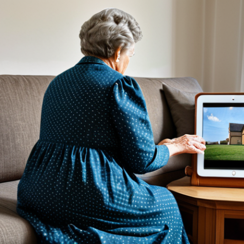 Home 7 Online Church Service**
A living room scene, a grandmother is watching a church service on her tablet, fully clothed in a modest dress, a warm and inviting atmosphere, safe for work, appropriate content, family-friendly, perfect anatomy, correct proportions, natural pose, professional photography, high quality.
**