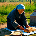 Ancestor Veneration**

"A fully clothed elder respectfully making an offering of bread and vodka at a well-maintained gravesite in a Russian village. The scene is bathed in warm afternoon light. The elder wears modest, traditional clothing. Safe for work, appropriate content, professional, perfect anatomy, natural proportions, family-friendly, high quality."

**