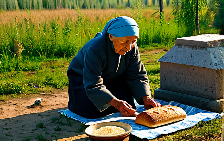 Ancestor Veneration**

"A fully clothed elder respectfully making an offering of bread and vodka at a well-maintained gravesite in a Russian village. The scene is bathed in warm afternoon light. The elder wears modest, traditional clothing. Safe for work, appropriate content, professional, perfect anatomy, natural proportions, family-friendly, high quality."

**