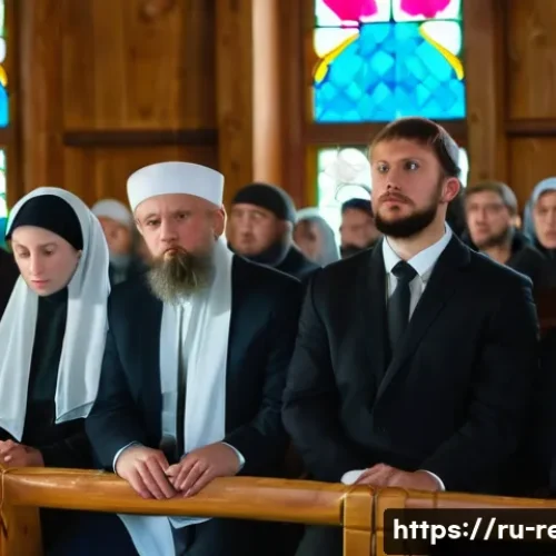 Home 27 종교적 스캔들과 그 여파 - A diverse group of Russian Orthodox believers inside a traditional church, wearing modest clothing i...