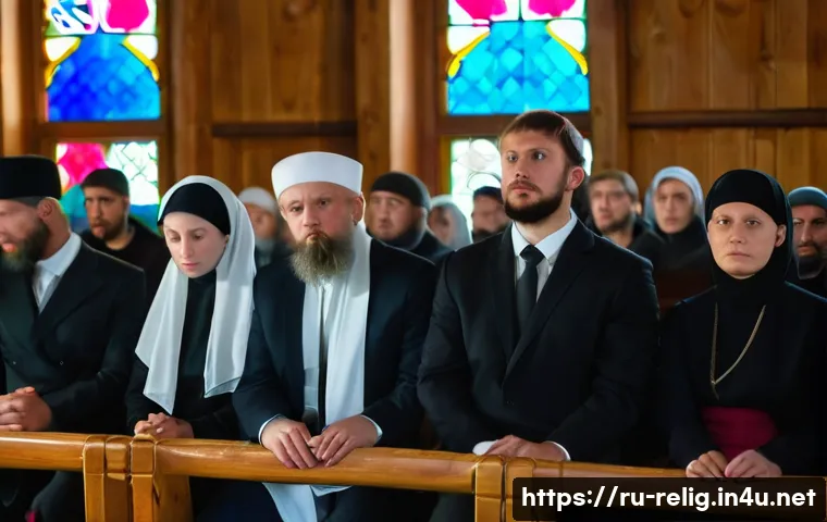 종교적 스캔들과 그 여파 - A diverse group of Russian Orthodox believers inside a traditional church, wearing modest clothing i...
