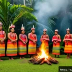 Home 19 태평양 섬 지역의 종교와 문화 - A vibrant traditional initiation ceremony on a Pacific island, featuring young people dressed in col...