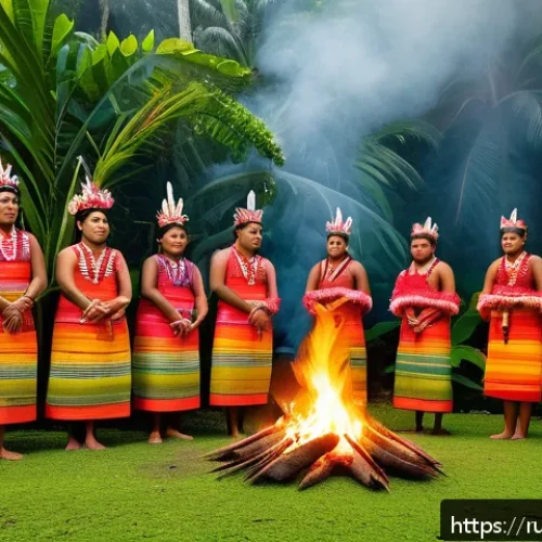Home 13 태평양 섬 지역의 종교와 문화 - A vibrant traditional initiation ceremony on a Pacific island, featuring young people dressed in col...