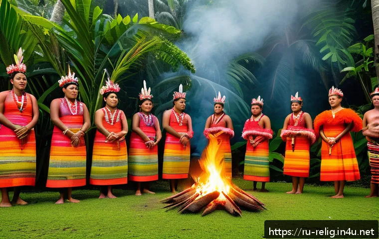 태평양 섬 지역의 종교와 문화 - A vibrant traditional initiation ceremony on a Pacific island, featuring young people dressed in col...