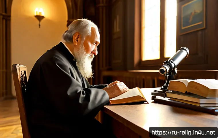 종교 철학의 주요 논점 - Photorealistic thoughtful scene inside a quiet Russian Orthodox church library, an elderly Russian p...