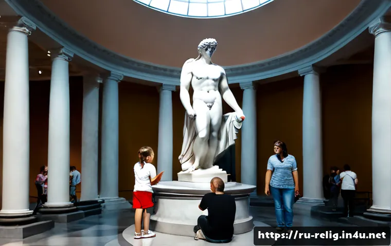 그리스 로마 신화와 다신교 - Photorealistic museum gallery in Saint Petersburg, a dignified Russian family viewing a large marble...