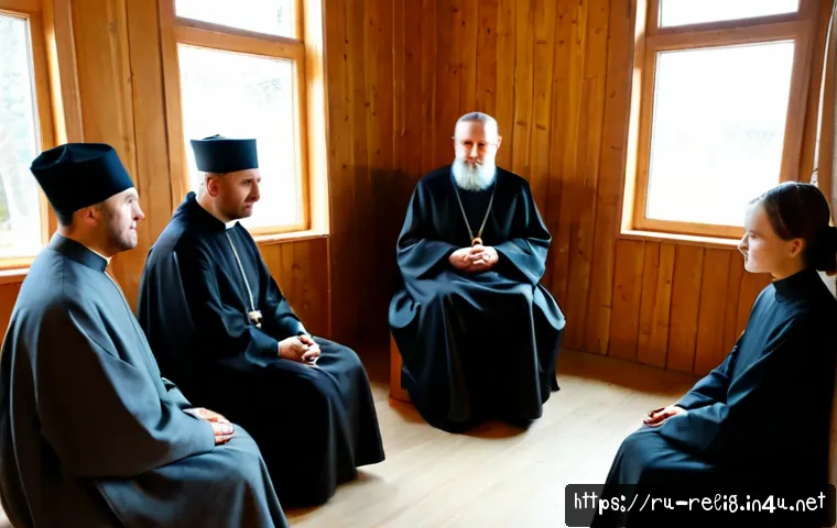 Home 17 종교적 지도자의 역할 - Photorealistic Russian Orthodox priest in modest dark robes speaking warmly with a small group of ad...